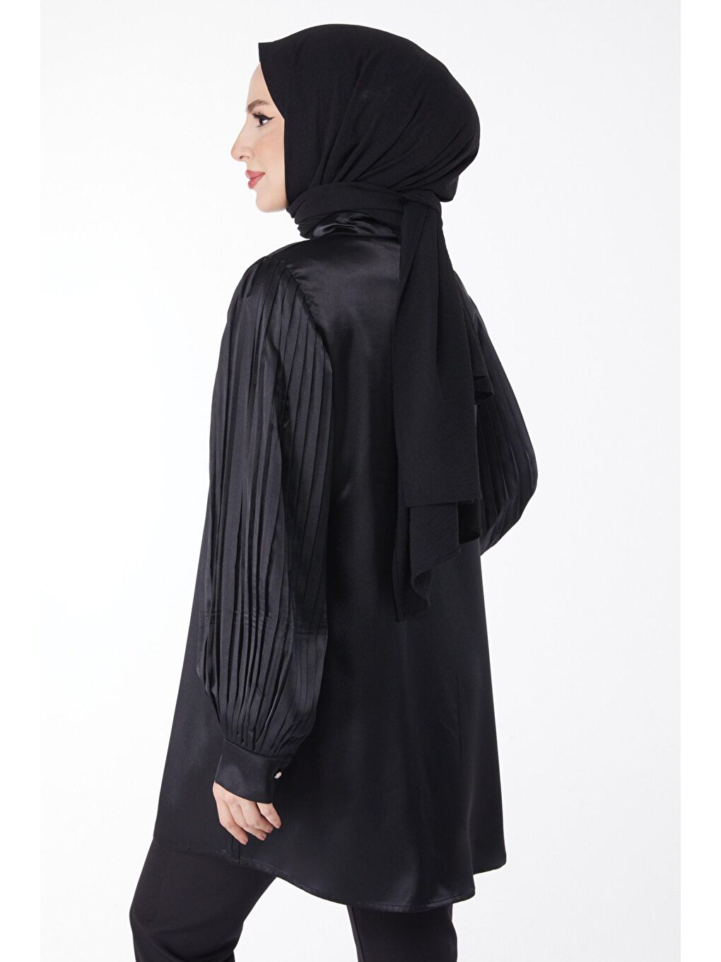 Gömlek Yaka Kadın Siyah Kolu Pileli Tunik - 24965-3