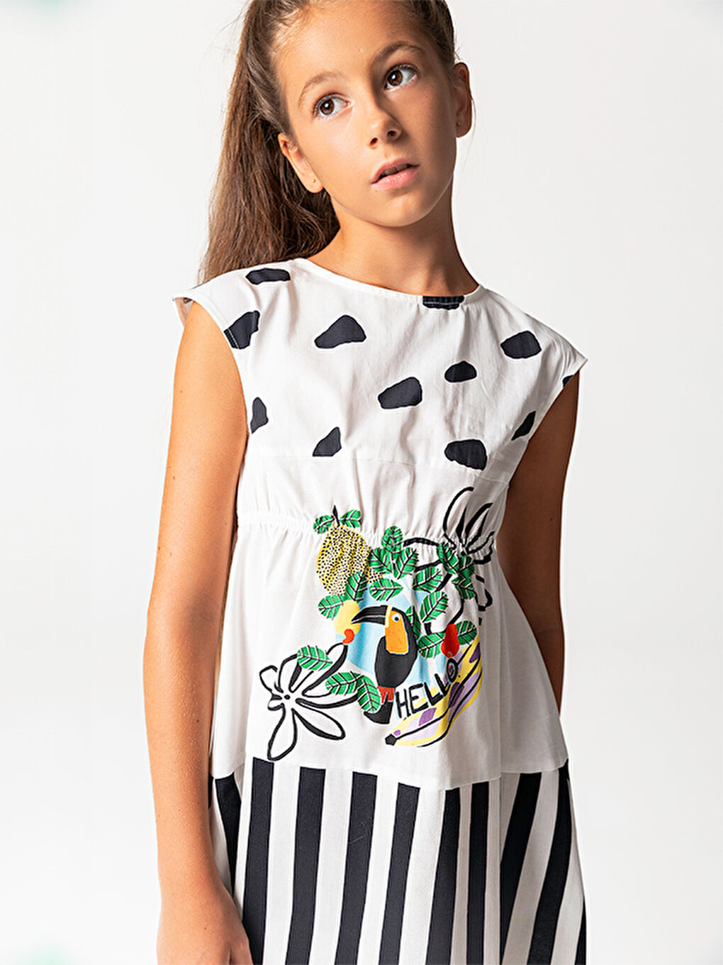Beyaz Papağan Desenli Pamuklu Kız Çocuk Elbise-2