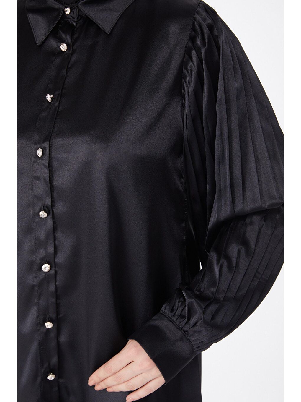 Gömlek Yaka Kadın Siyah Kolu Pileli Tunik - 24965-4