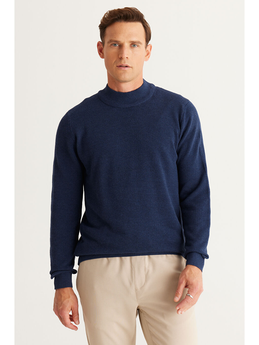 Erkek İndigo Recycle Standart Fit Normal Kesim Yarım Balıkçı Yaka Pamuklu Jakarlı Triko Kazak-2