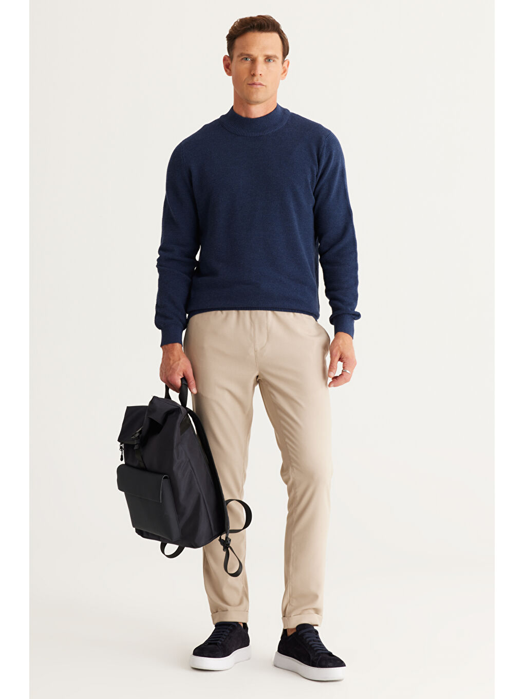 Erkek İndigo Recycle Standart Fit Normal Kesim Yarım Balıkçı Yaka Pamuklu Jakarlı Triko Kazak-3