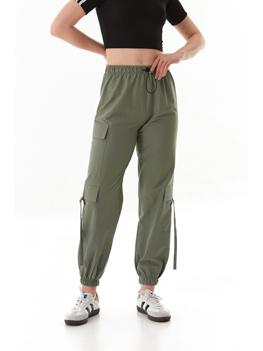 Turkuaz Beli Lastikli Paraşüt Kumaş Jogger Pantolon-3