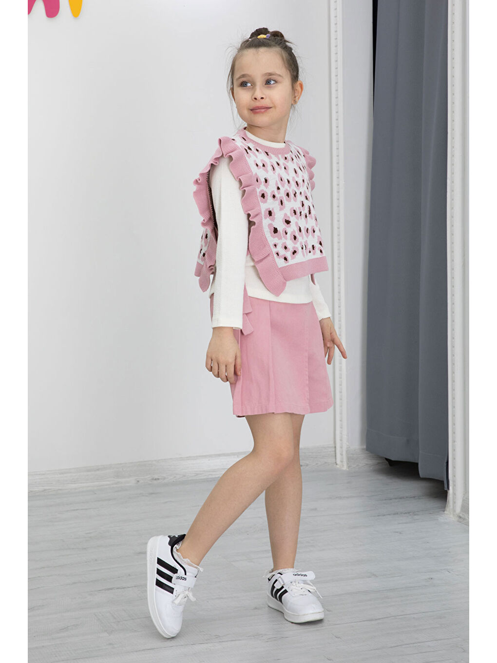 Pembe Leopar Desenli Süveterli Şort Etekli Kız Çocuk Badili 3lü Takım 20499