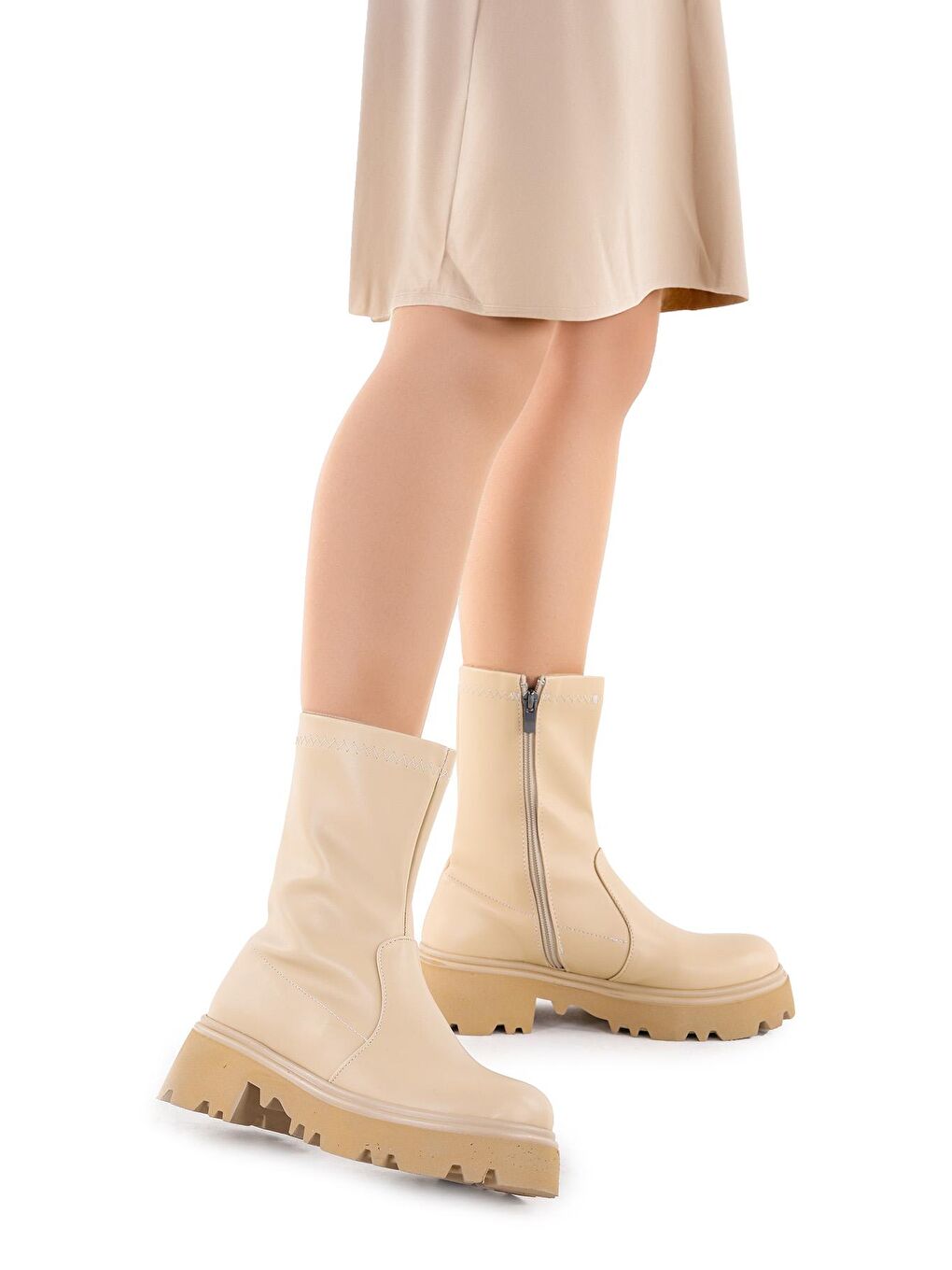 Bej Cilt Fermuarlı Kadın Bot Ayakkabı Fls 52-810