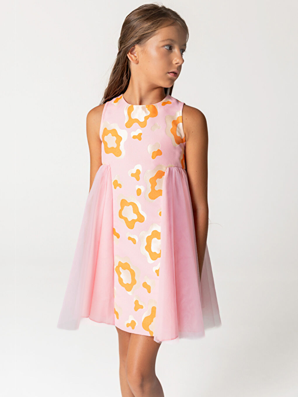 Pembe Desenli Jakar Ve Tül Detaylı Kız Çocuk Elbise