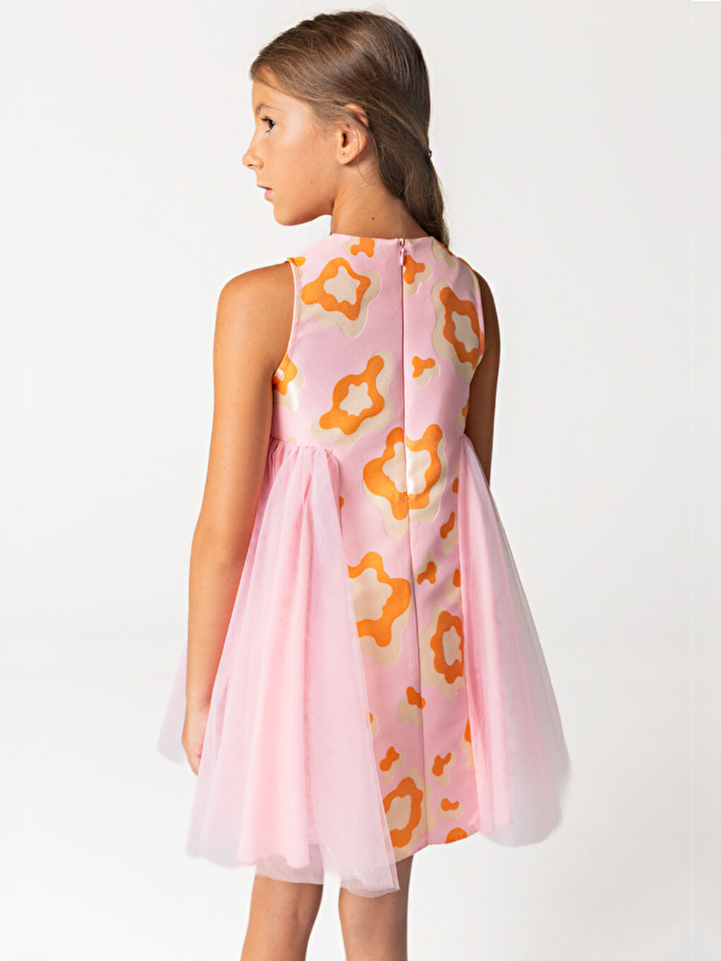 Pembe Desenli Jakar Ve Tül Detaylı Kız Çocuk Elbise-1