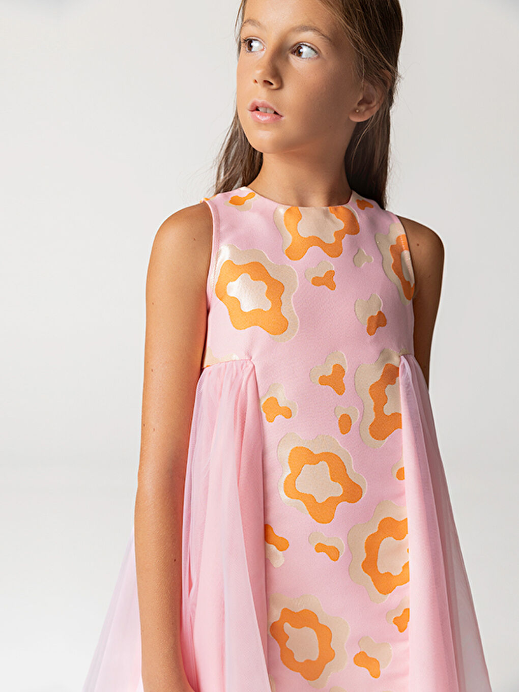 Pembe Desenli Jakar Ve Tül Detaylı Kız Çocuk Elbise-2