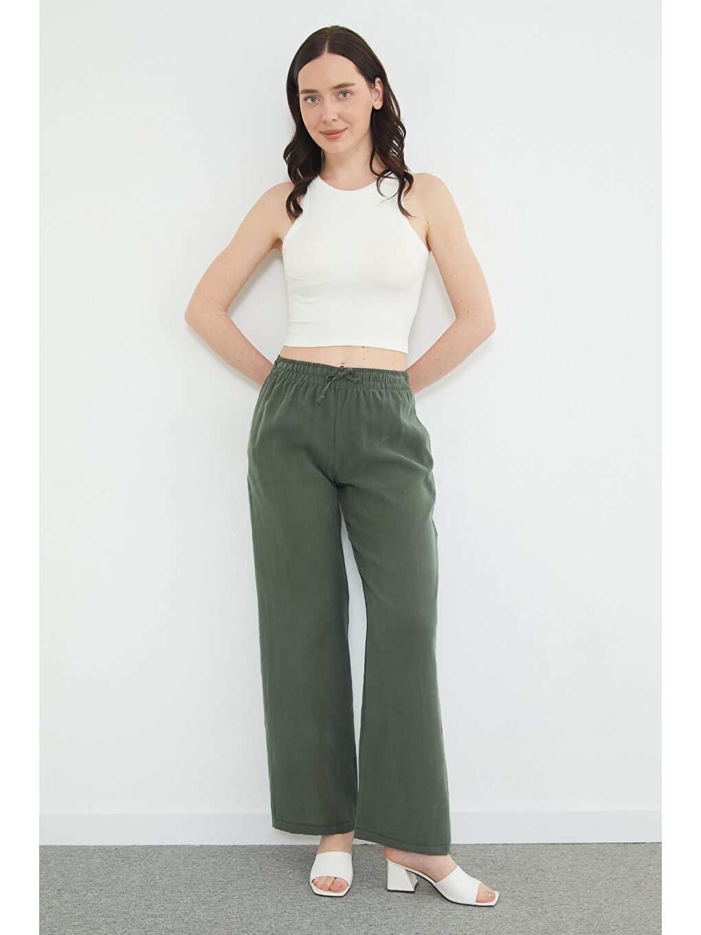 Haki Beli Lastikli Cepli Palazzo Pantolon
