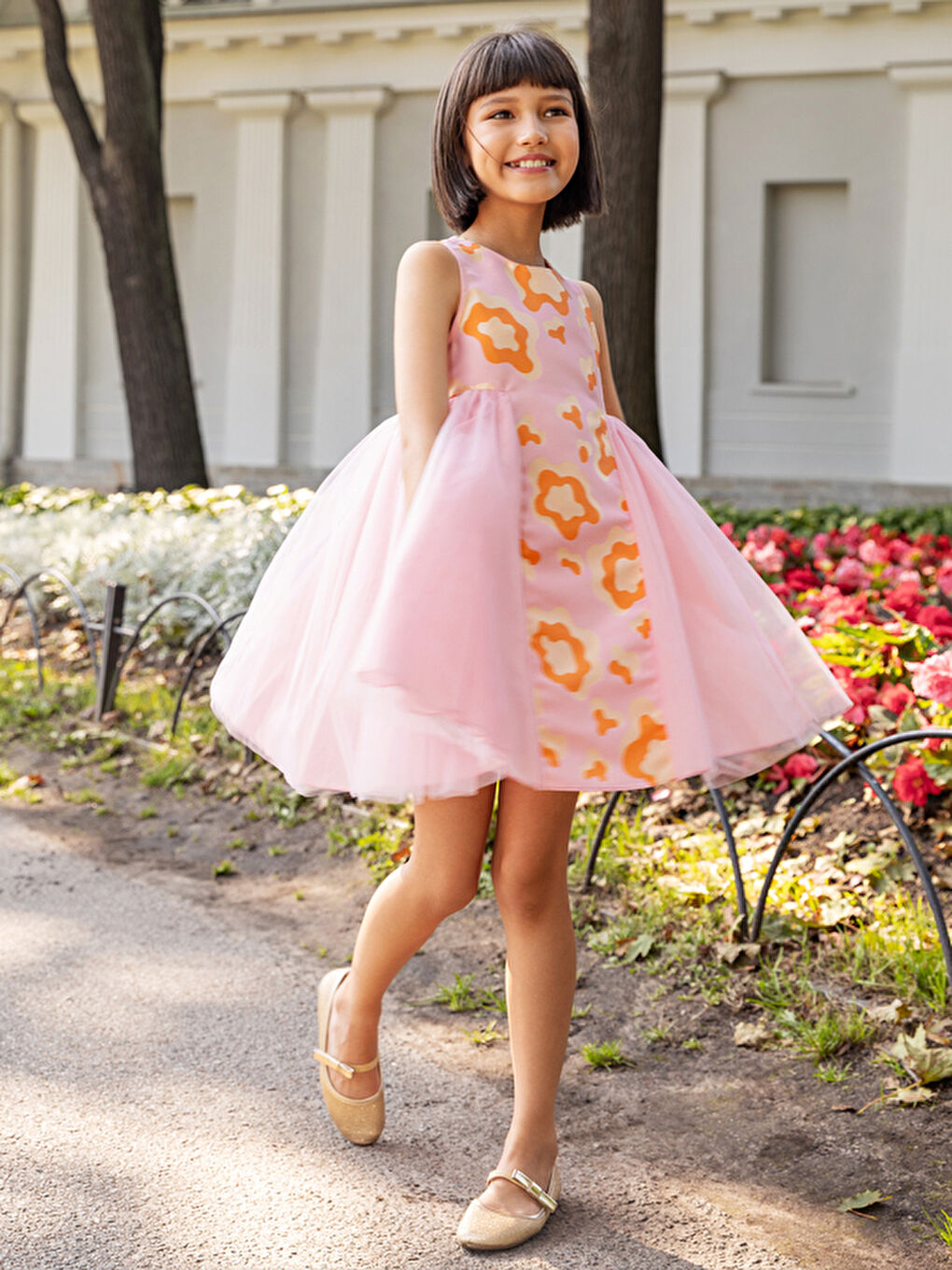 Pembe Desenli Jakar Ve Tül Detaylı Kız Çocuk Elbise-3