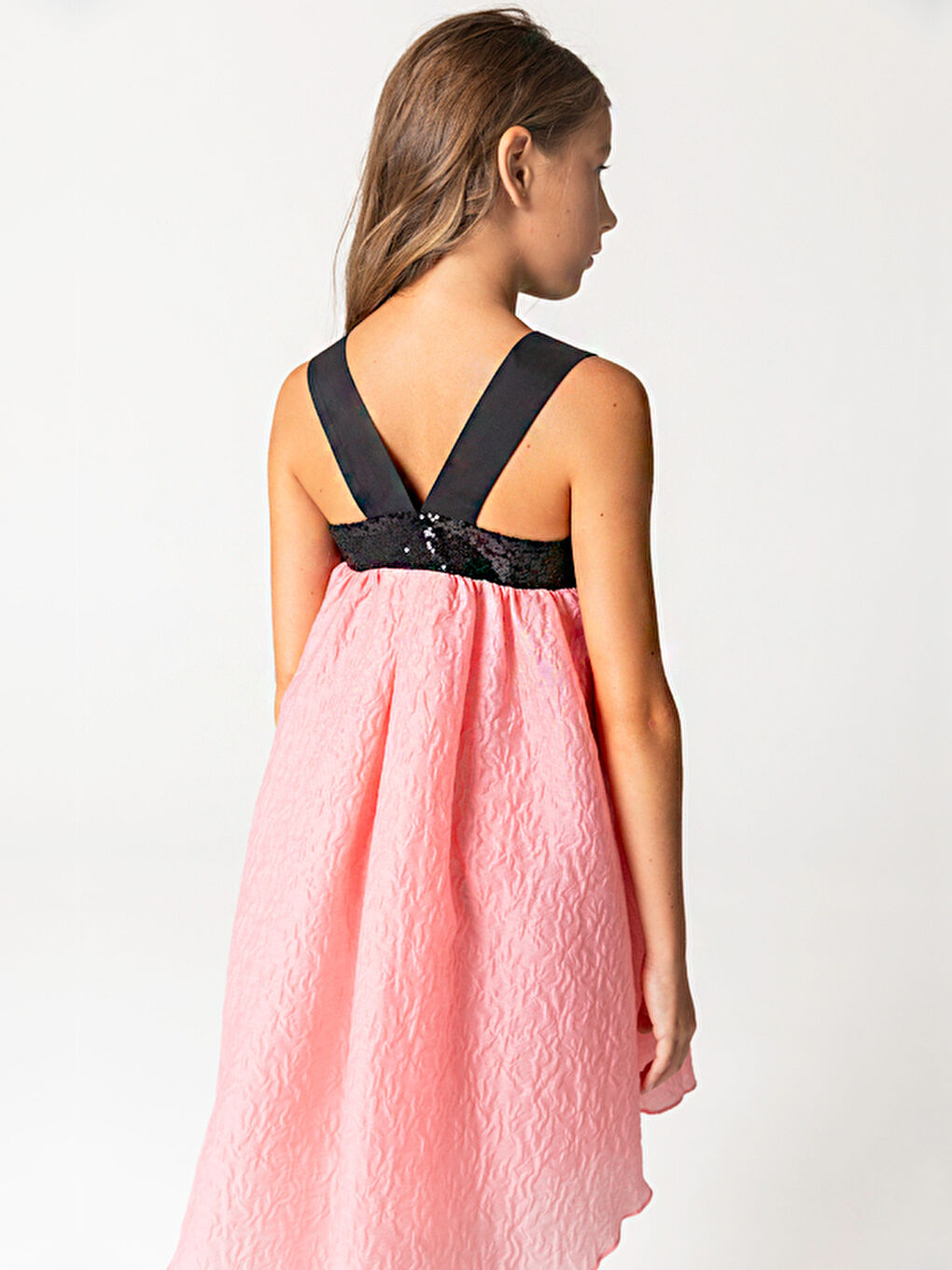 Payet Fiyonk Detaylı Pembe Jakar Kız Çocuk Elbise-1