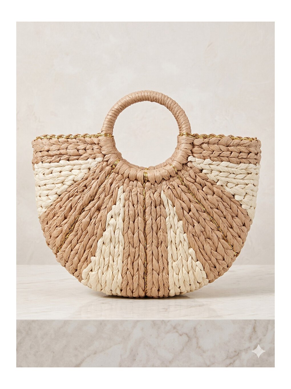 Sarı Camel Yaldızlı Hasır Çanta 23x35 CNT1056