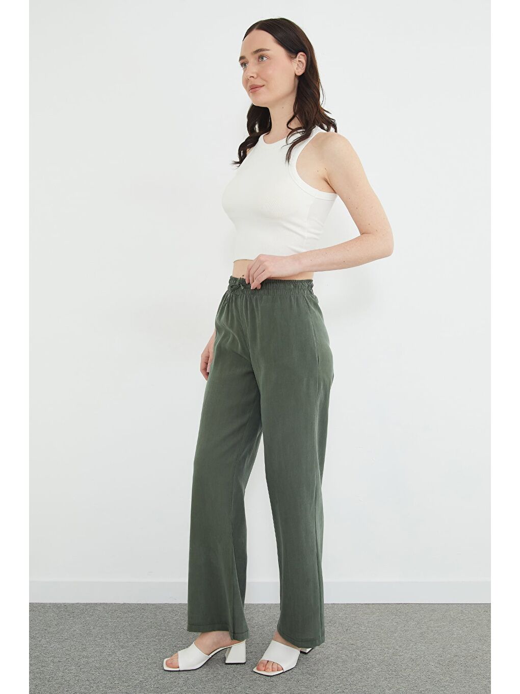 Haki Beli Lastikli Cepli Palazzo Pantolon-1