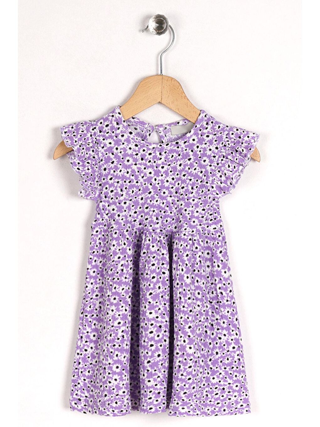 Mor Bisiklet Yaka Kolları Fırfırlı Kız Çocuk Elbise