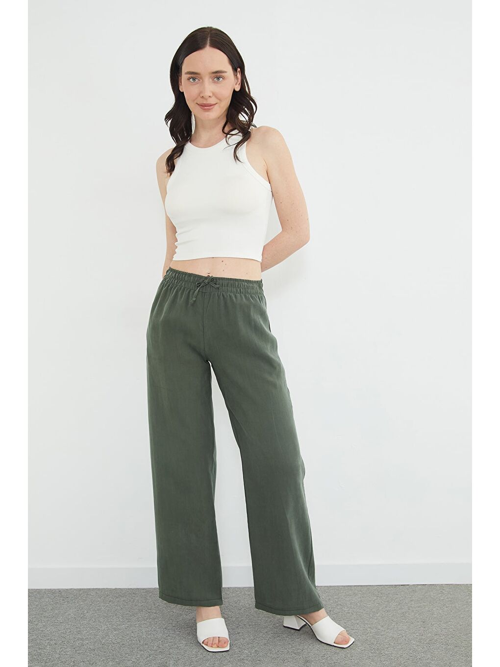 Haki Beli Lastikli Cepli Palazzo Pantolon-2