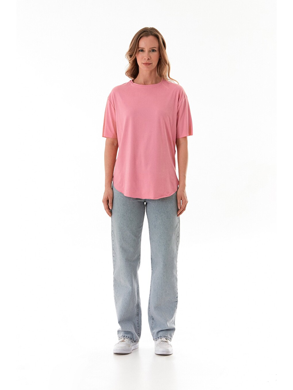 Pembe Basic Bisiklet Yaka Yanları Yırtmaçlı Modal Tişört-2