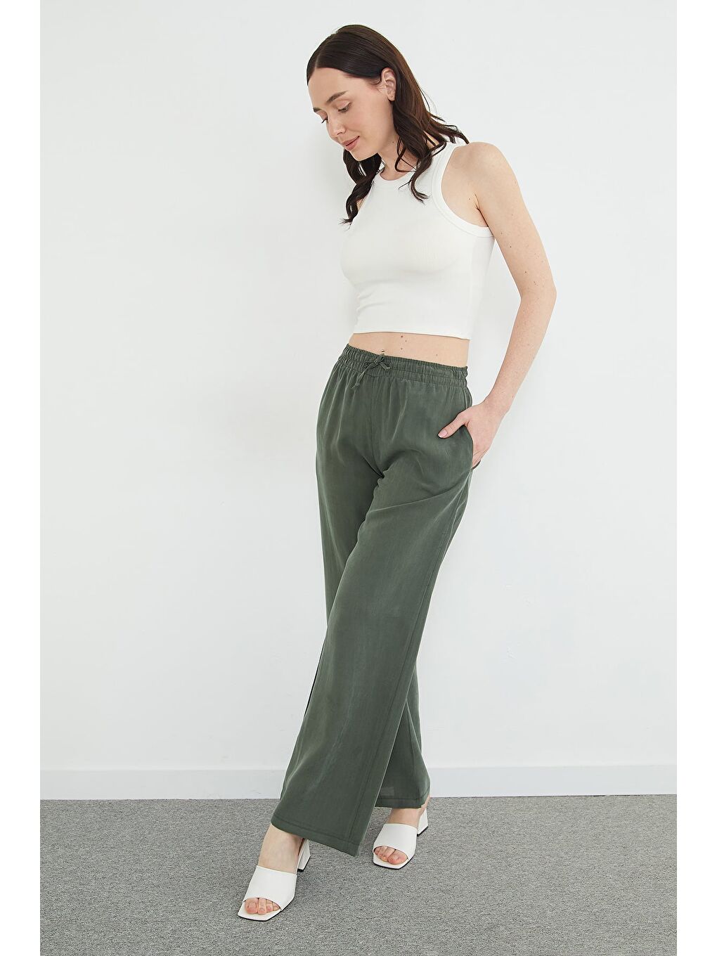 Haki Beli Lastikli Cepli Palazzo Pantolon-3