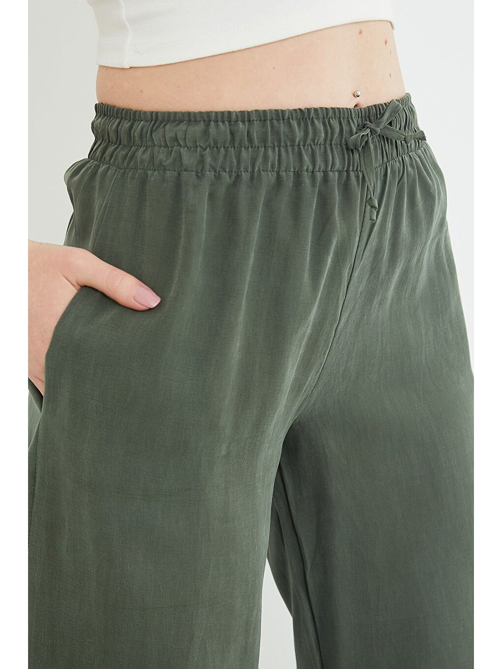 Haki Beli Lastikli Cepli Palazzo Pantolon-4