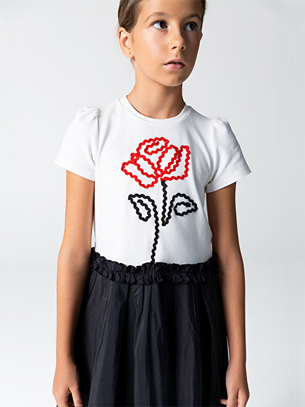 Siyah Gül Desenli Örme Üst Tafta Etek Elbise-2