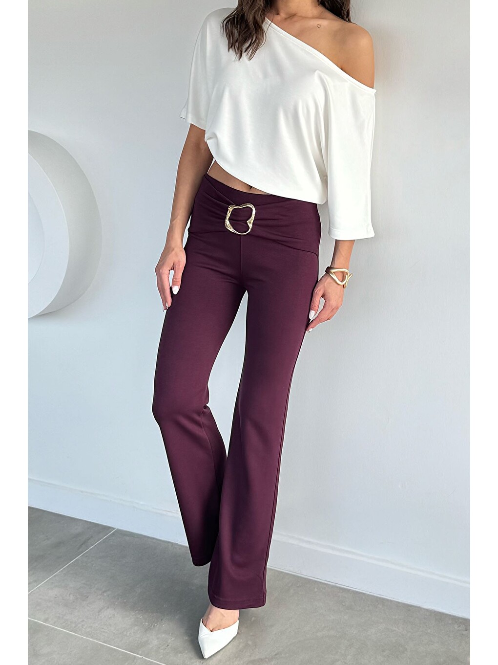 Mürdüm Kadın Modal Kumaş Ön Tokalı Pantolon-3