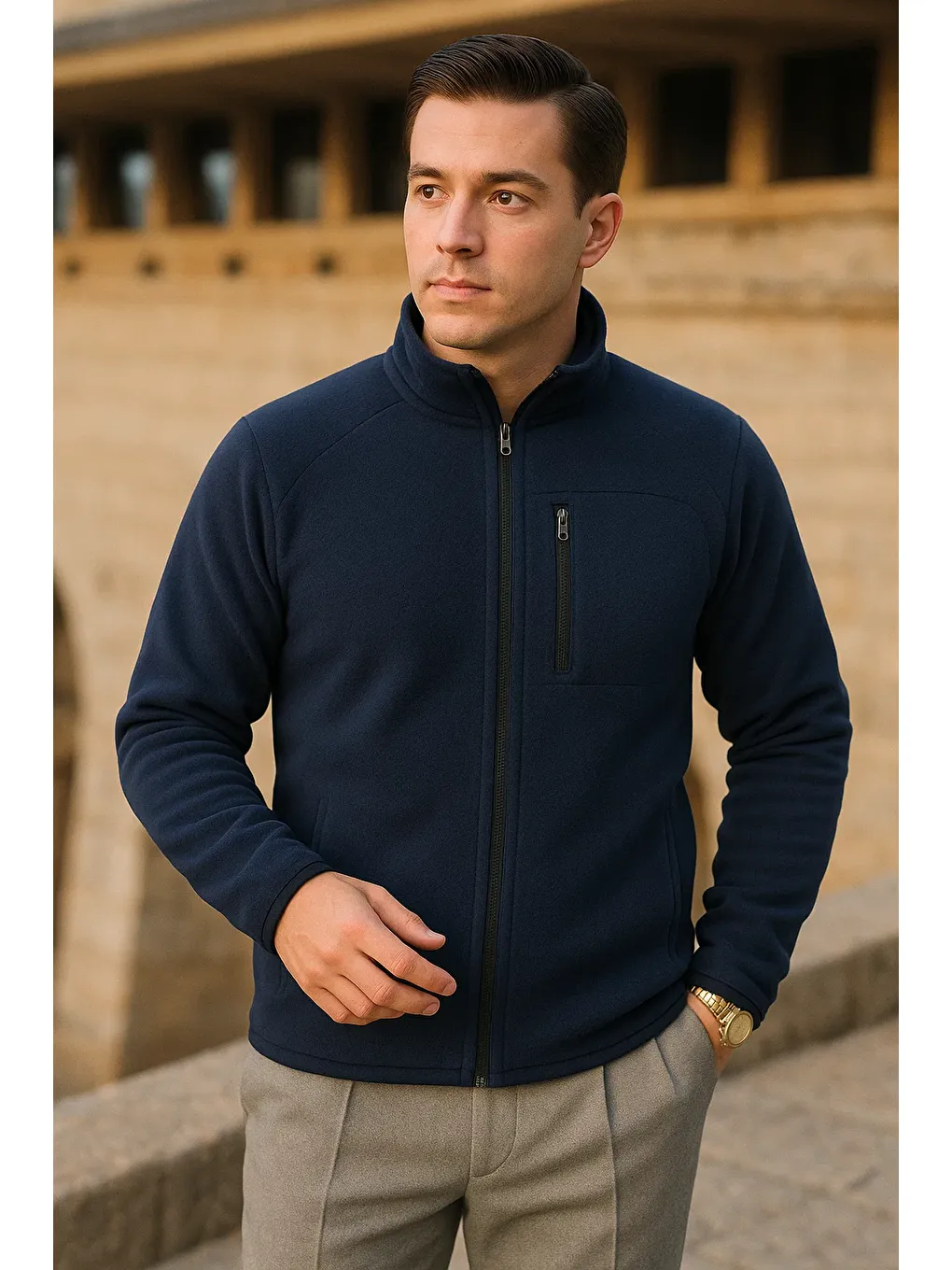 Erkek Kışlık Fermuarlı Trend Cepli Lacivert Polar Ceket-1