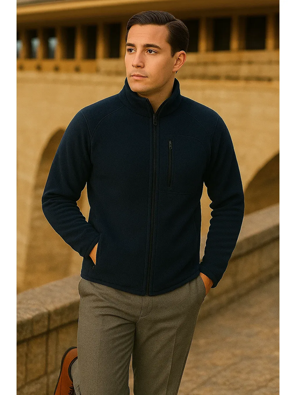 Erkek Kışlık Fermuarlı Trend Cepli Lacivert Polar Ceket-2