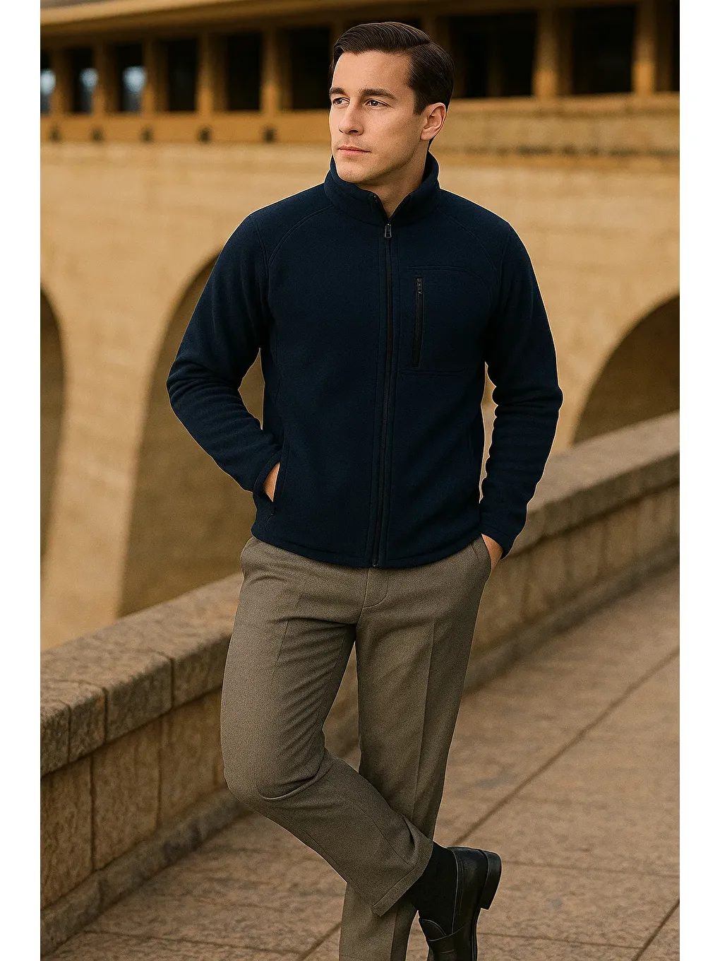 Erkek Kışlık Fermuarlı Trend Cepli Lacivert Polar Ceket-3