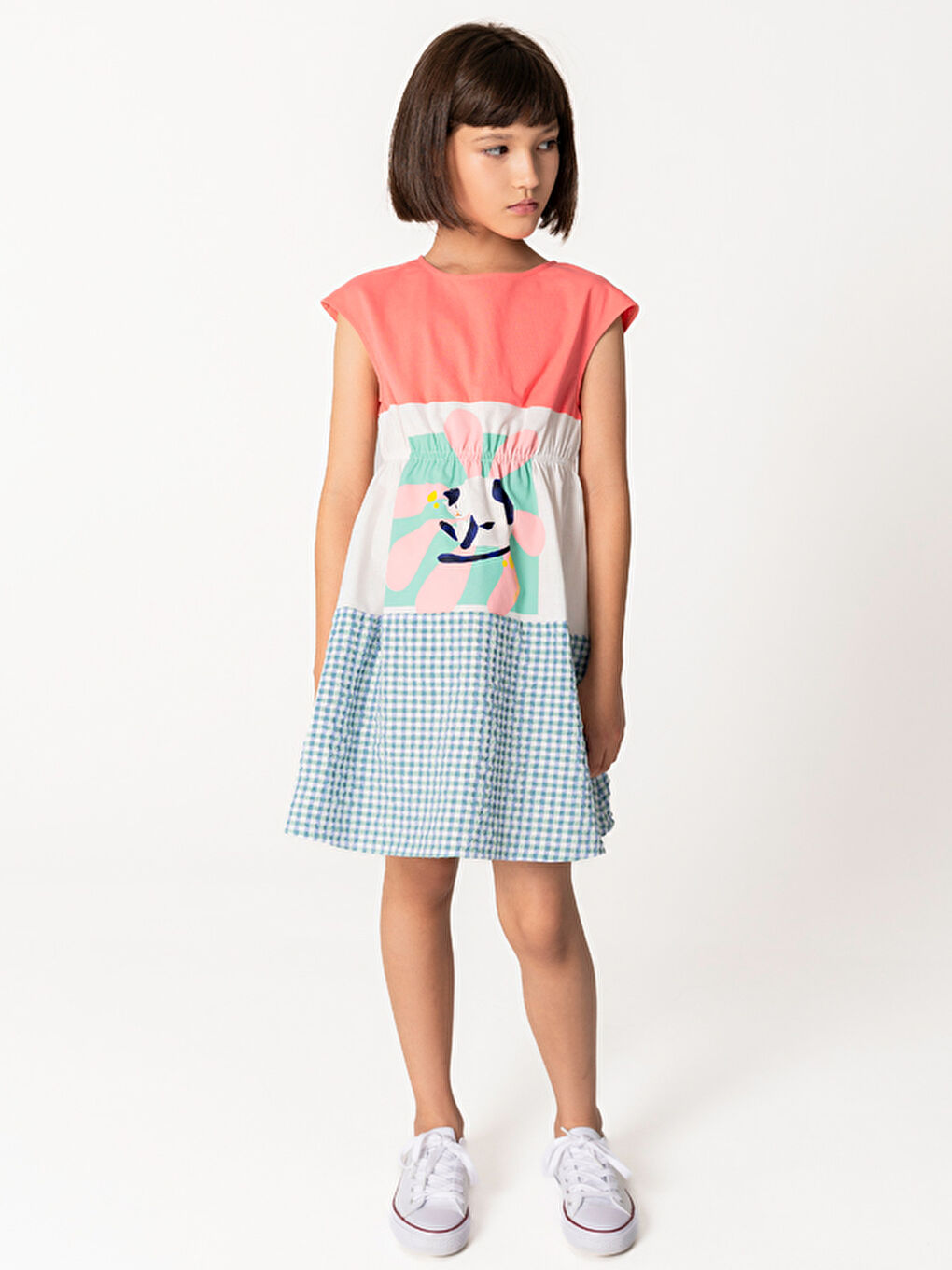 Pembe Kısa Kollu Kareli Ve Çiçek Kız Çocuk Elbise