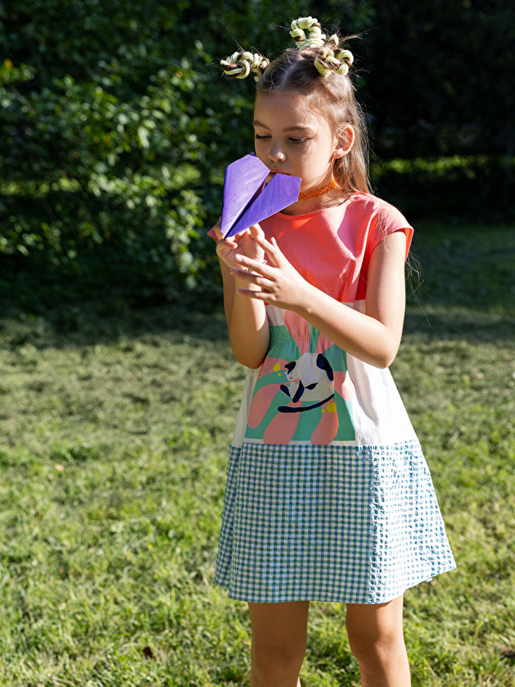 Pembe Kısa Kollu Kareli Ve Çiçek Kız Çocuk Elbise-2