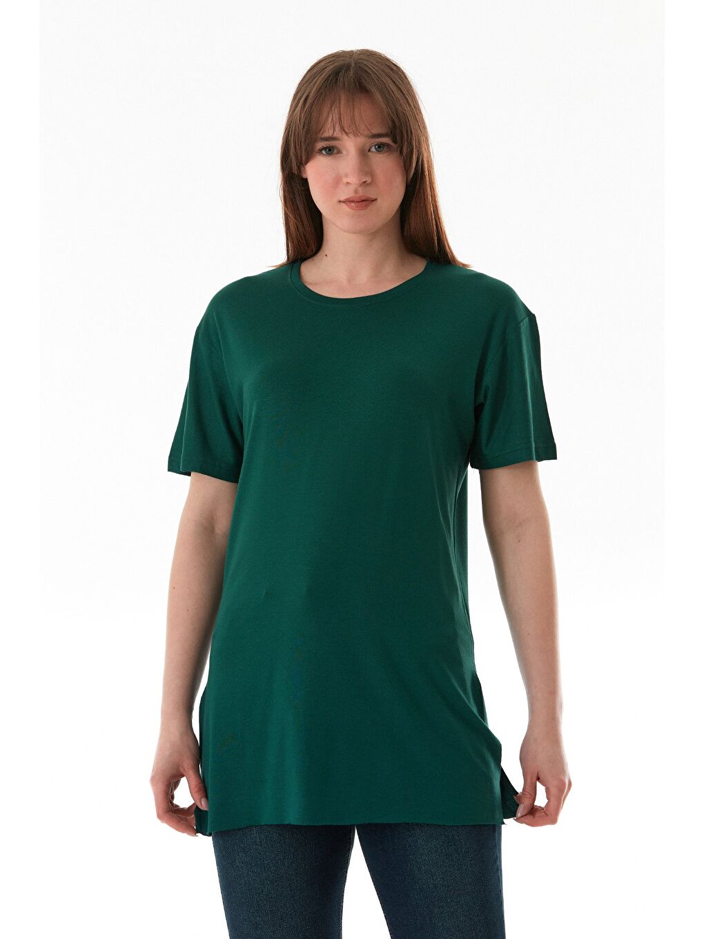 Yeşil Basic Bisiklet Yaka Yanları Yırtmaçlı Elastanlı Salaş Tişört-1