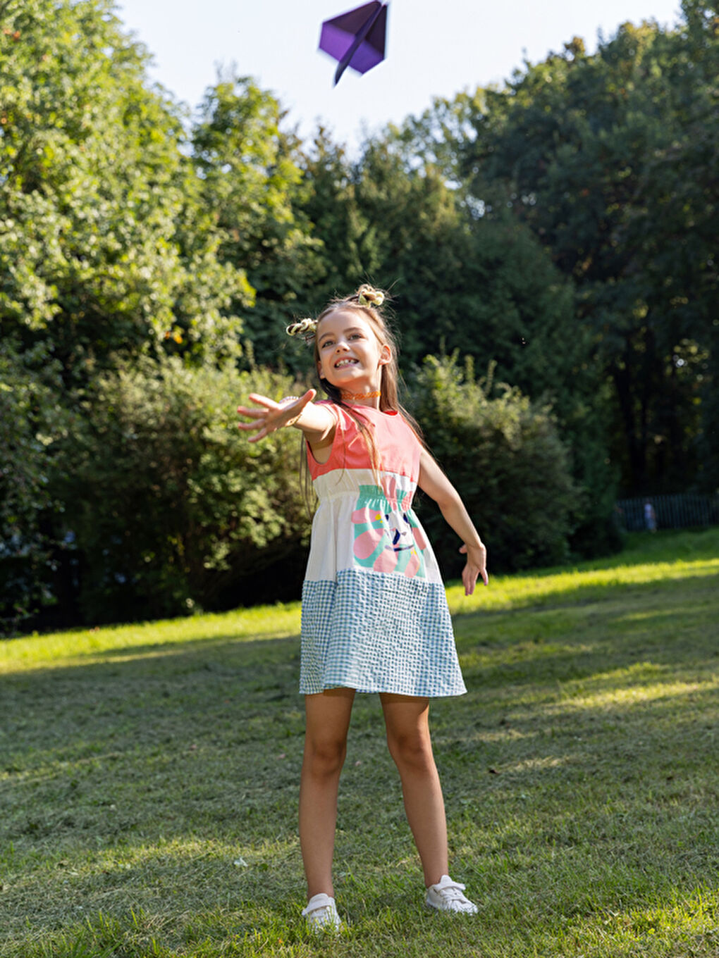 Pembe Kısa Kollu Kareli Ve Çiçek Kız Çocuk Elbise-3