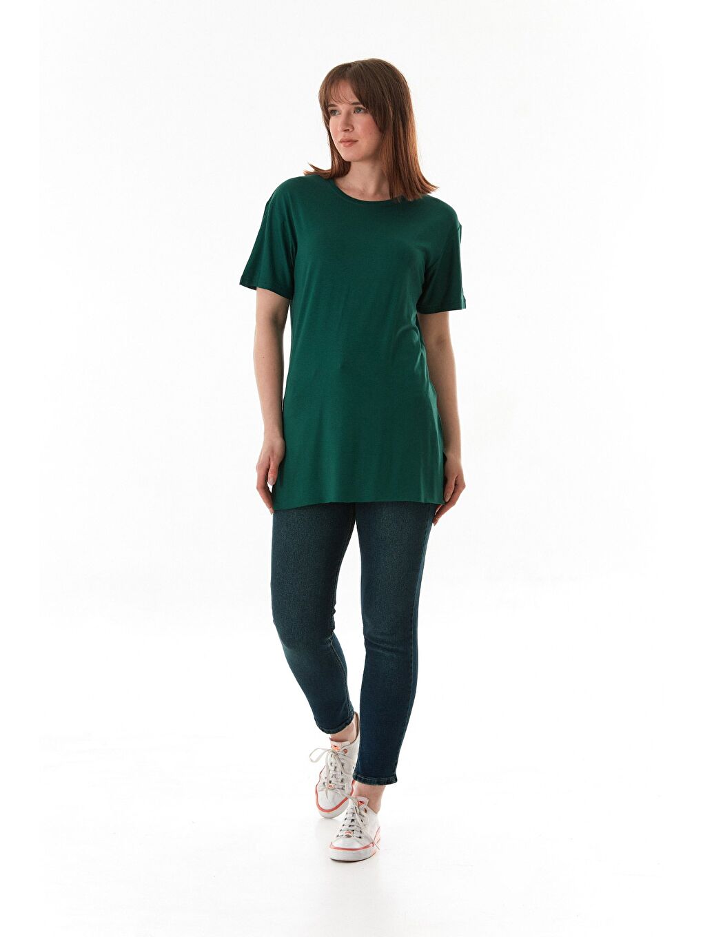 Yeşil Basic Bisiklet Yaka Yanları Yırtmaçlı Elastanlı Salaş Tişört-2