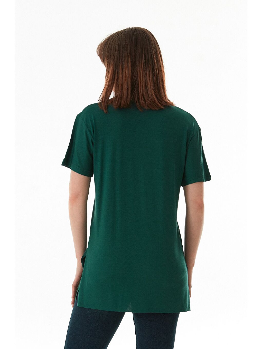 Yeşil Basic Bisiklet Yaka Yanları Yırtmaçlı Elastanlı Salaş Tişört-3