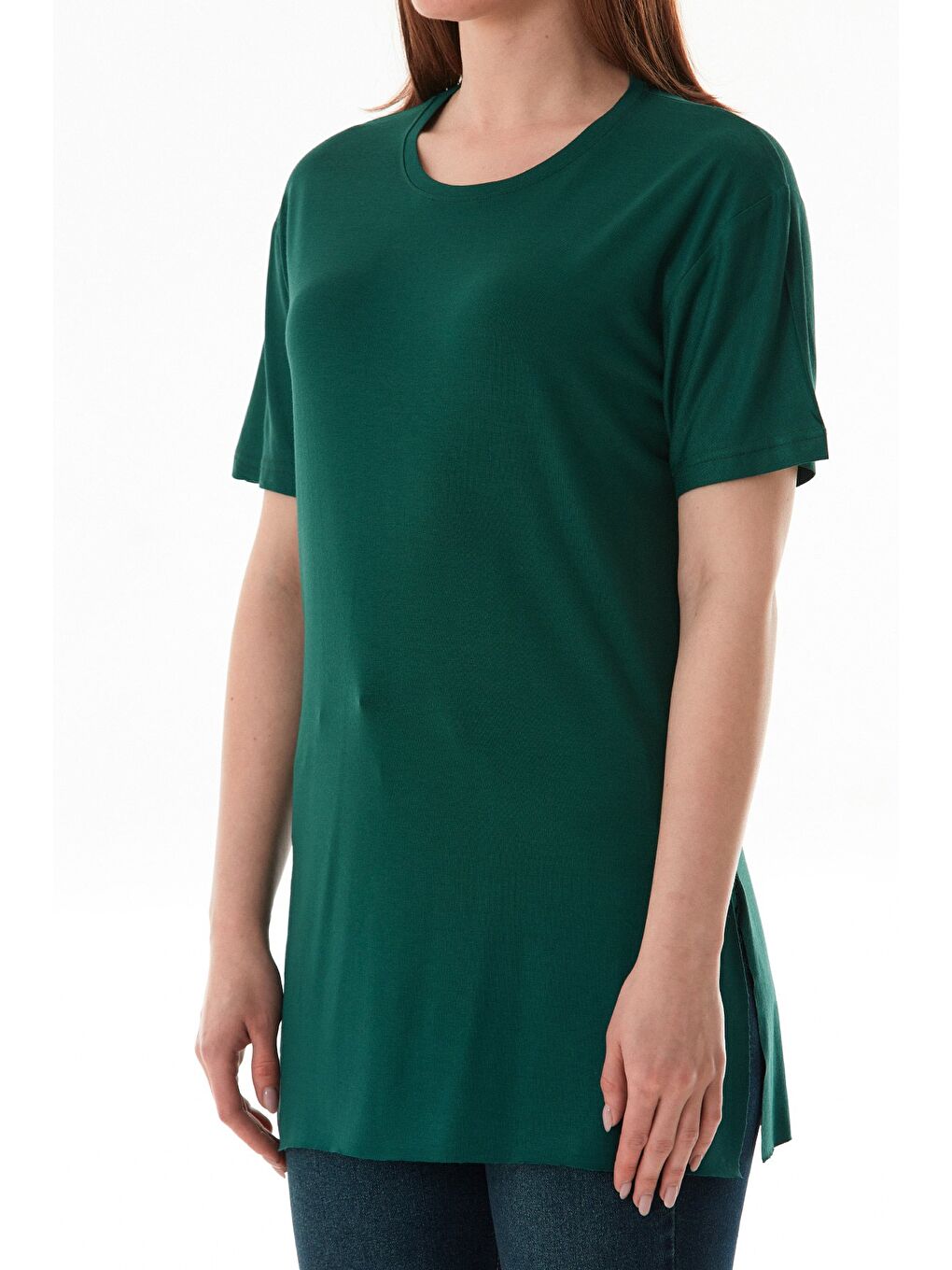 Yeşil Basic Bisiklet Yaka Yanları Yırtmaçlı Elastanlı Salaş Tişört-4