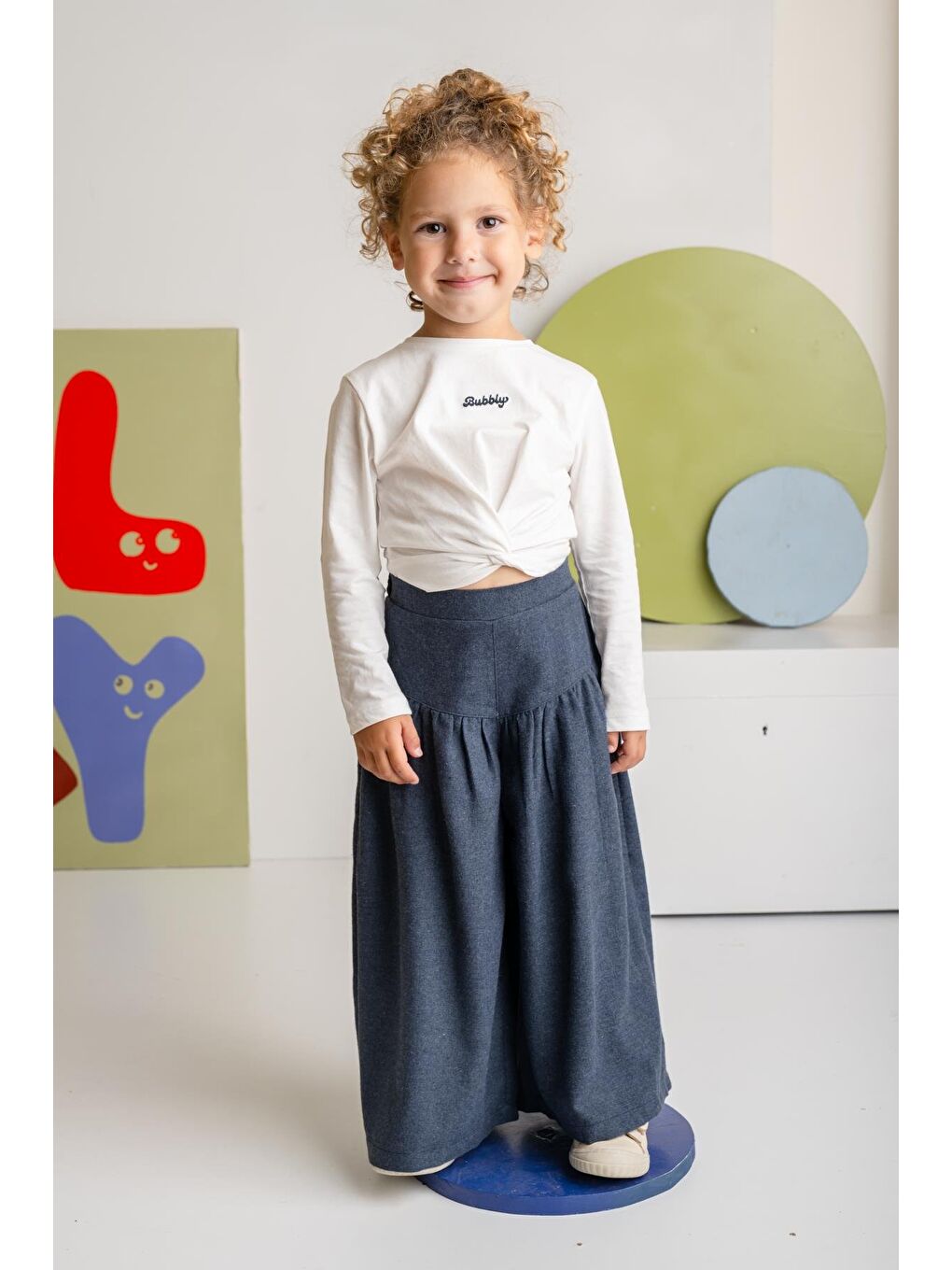 Kız Çocuk İnce Kaşe Pileli Bol Pantolon - Lacivert