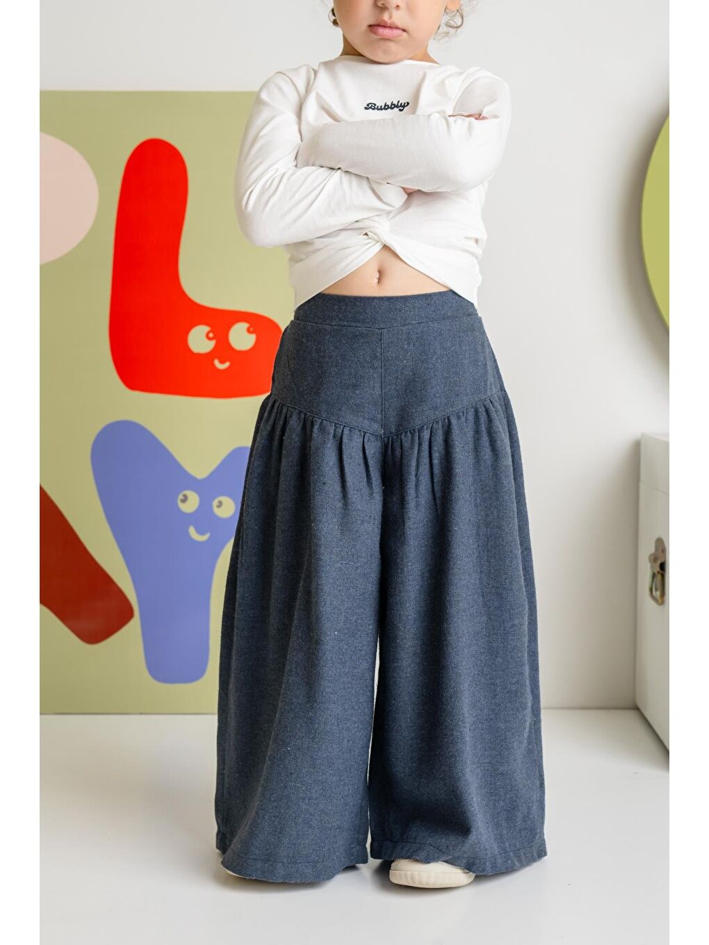 Kız Çocuk İnce Kaşe Pileli Bol Pantolon - Lacivert-1