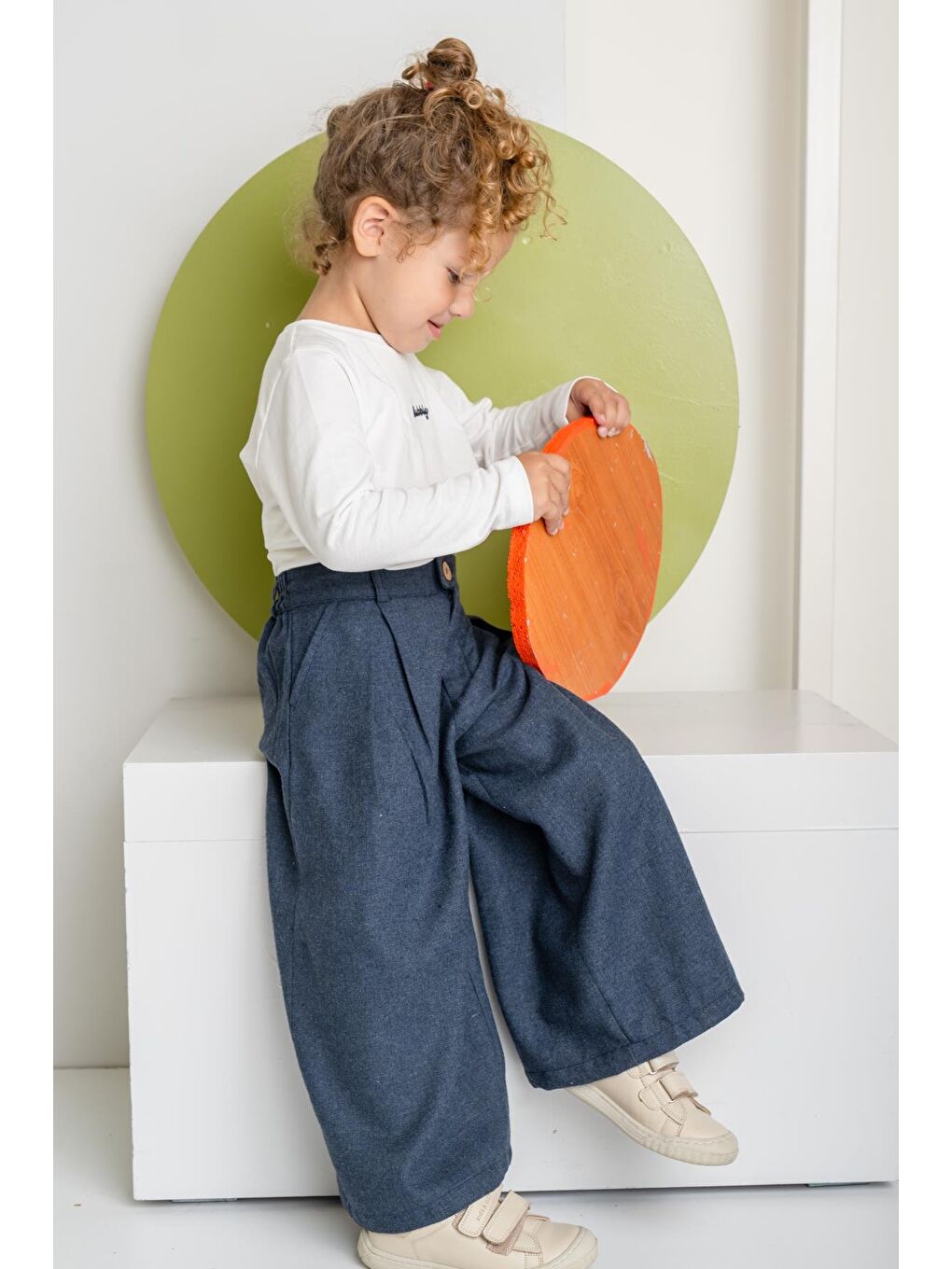 Kız Çocuk İnce Kaşe Pileli Bol Pantolon - Lacivert-1