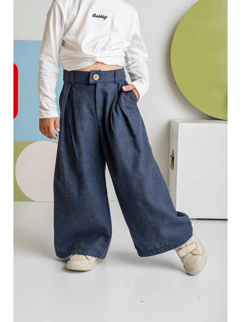 Kız Çocuk İnce Kaşe Pileli Bol Pantolon - Lacivert-2