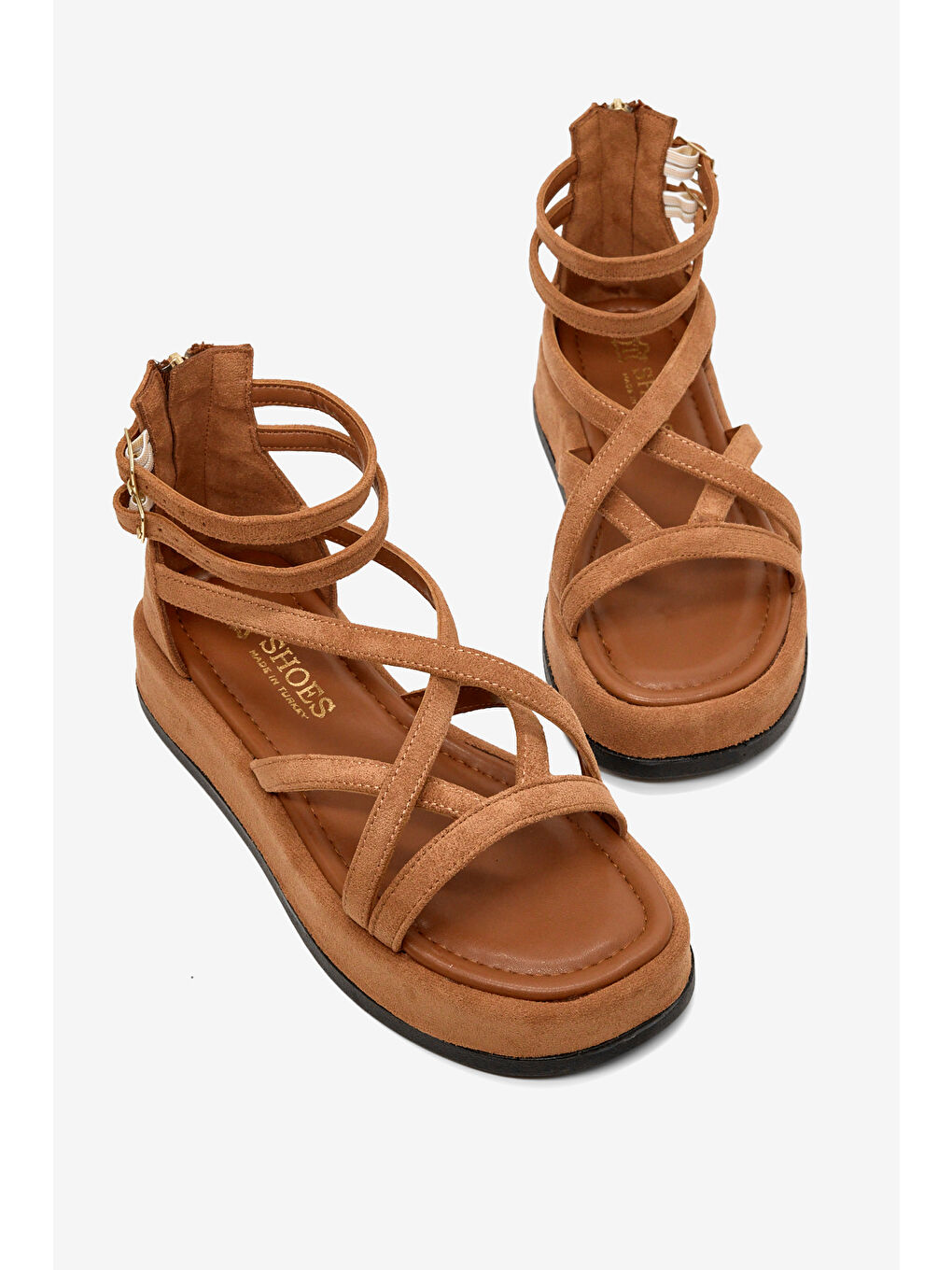 Kahverengi Kadın Taba Süet Rahat Kalıp Çapraz Bantlı Çift Kemerli Sandalet
