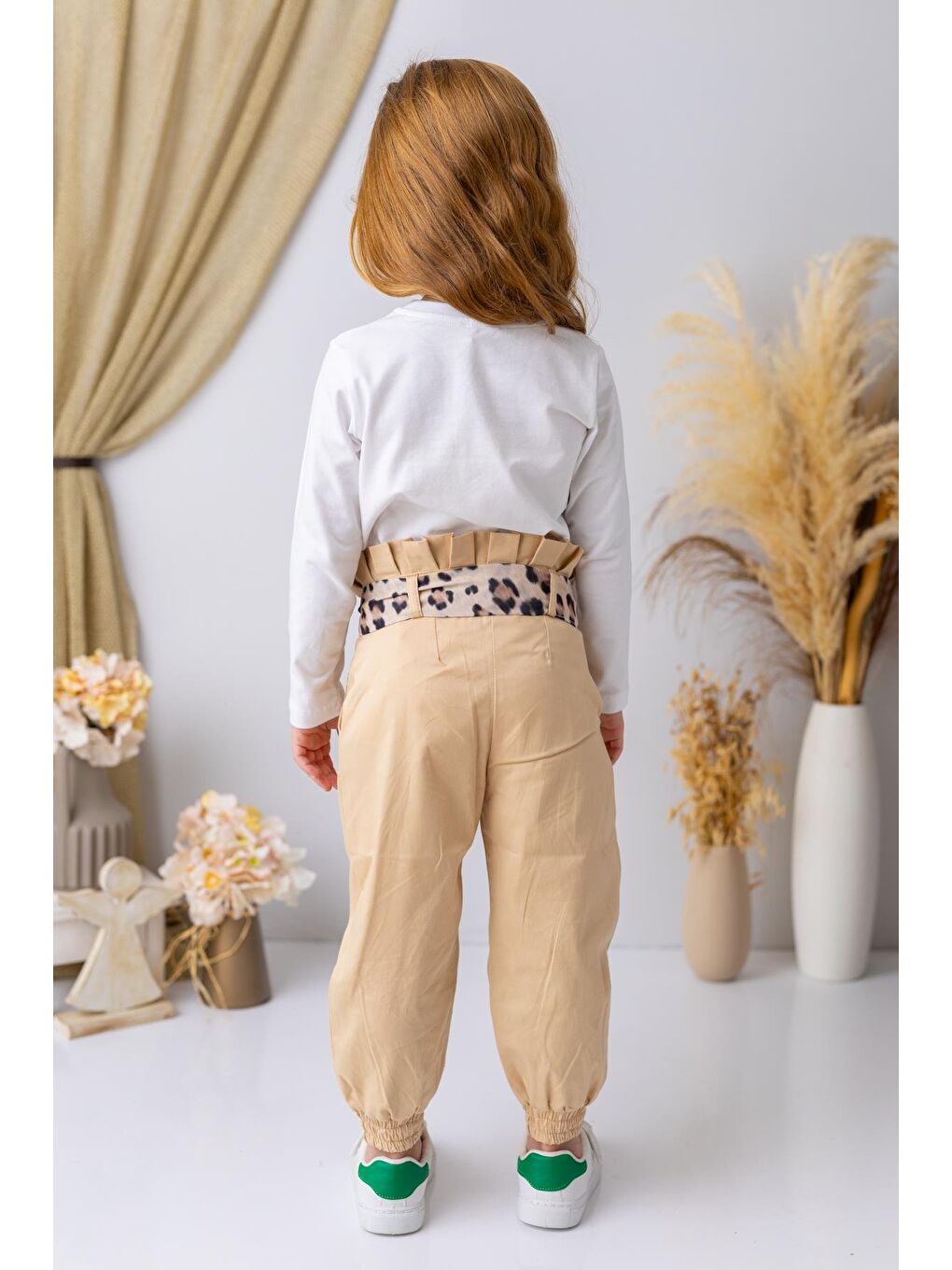 Kız Çocuk Beli Büzgülü Jogger Pantolon - Bej-1