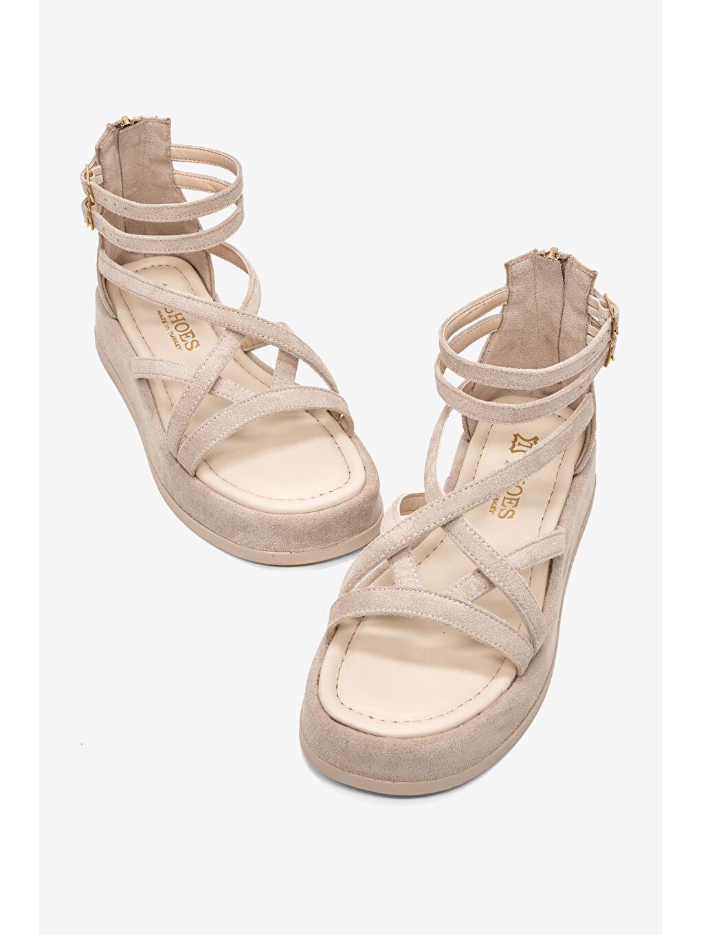 Kadın Bej Süet Rahat Kalıp Çapraz Bantlı Çift Kemerli Sandalet