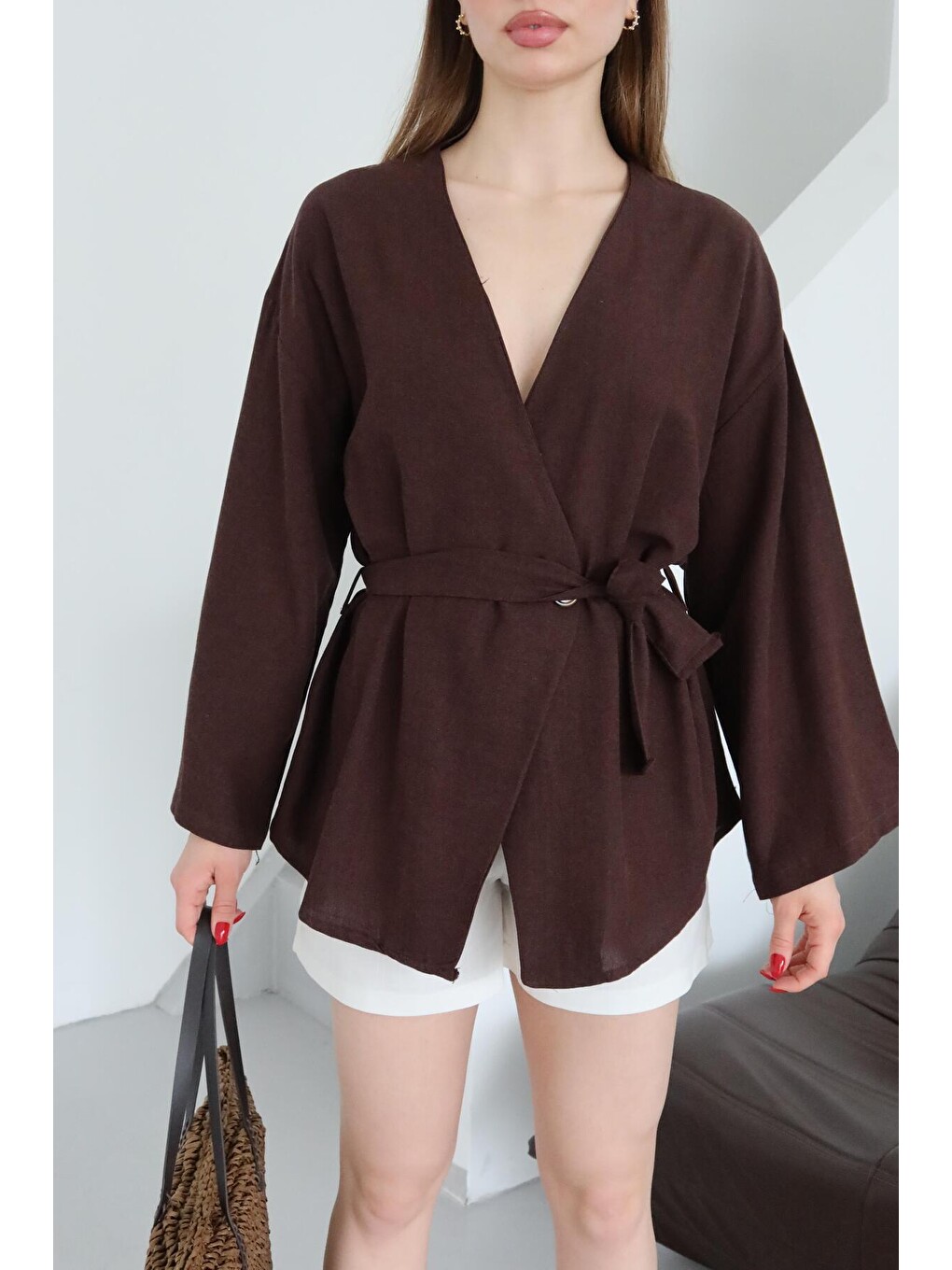 Kahverengi Düğme Detaylı Kemerli Kimono - 005-1
