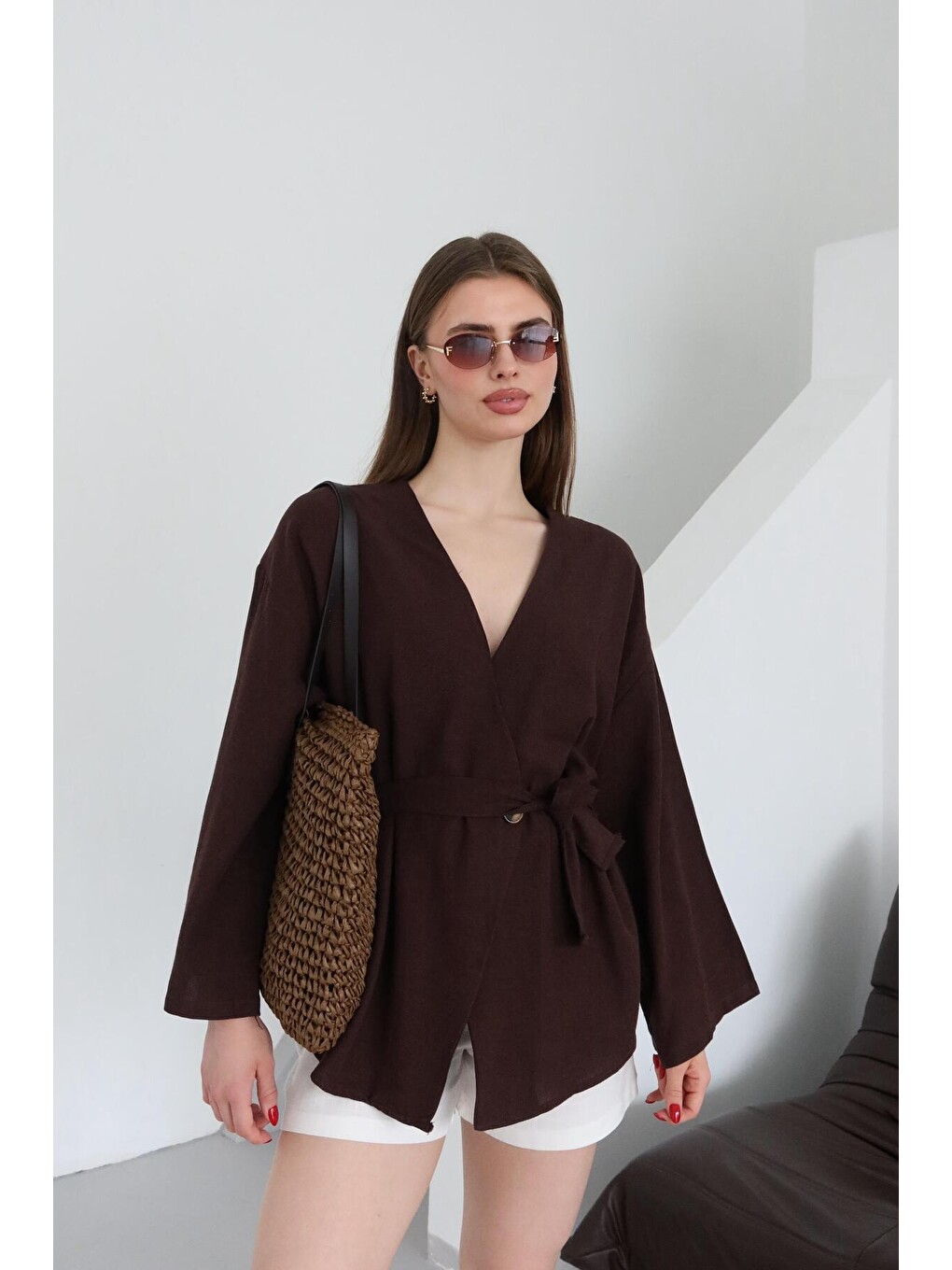 Kahverengi Düğme Detaylı Kemerli Kimono - 005-2