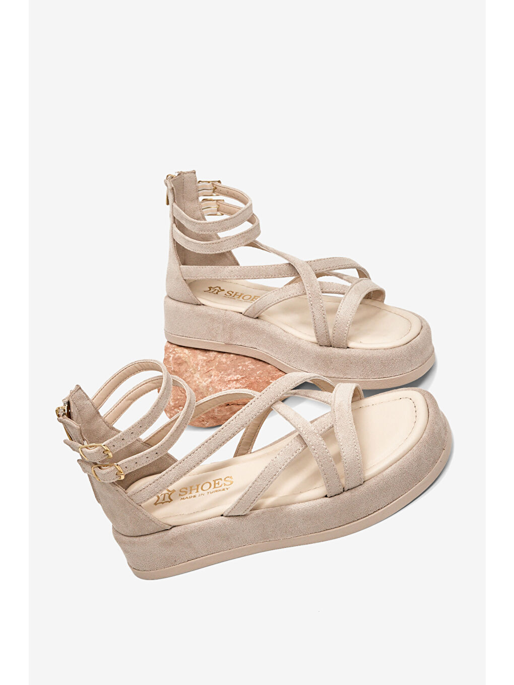 Kadın Bej Süet Rahat Kalıp Çapraz Bantlı Çift Kemerli Sandalet-2