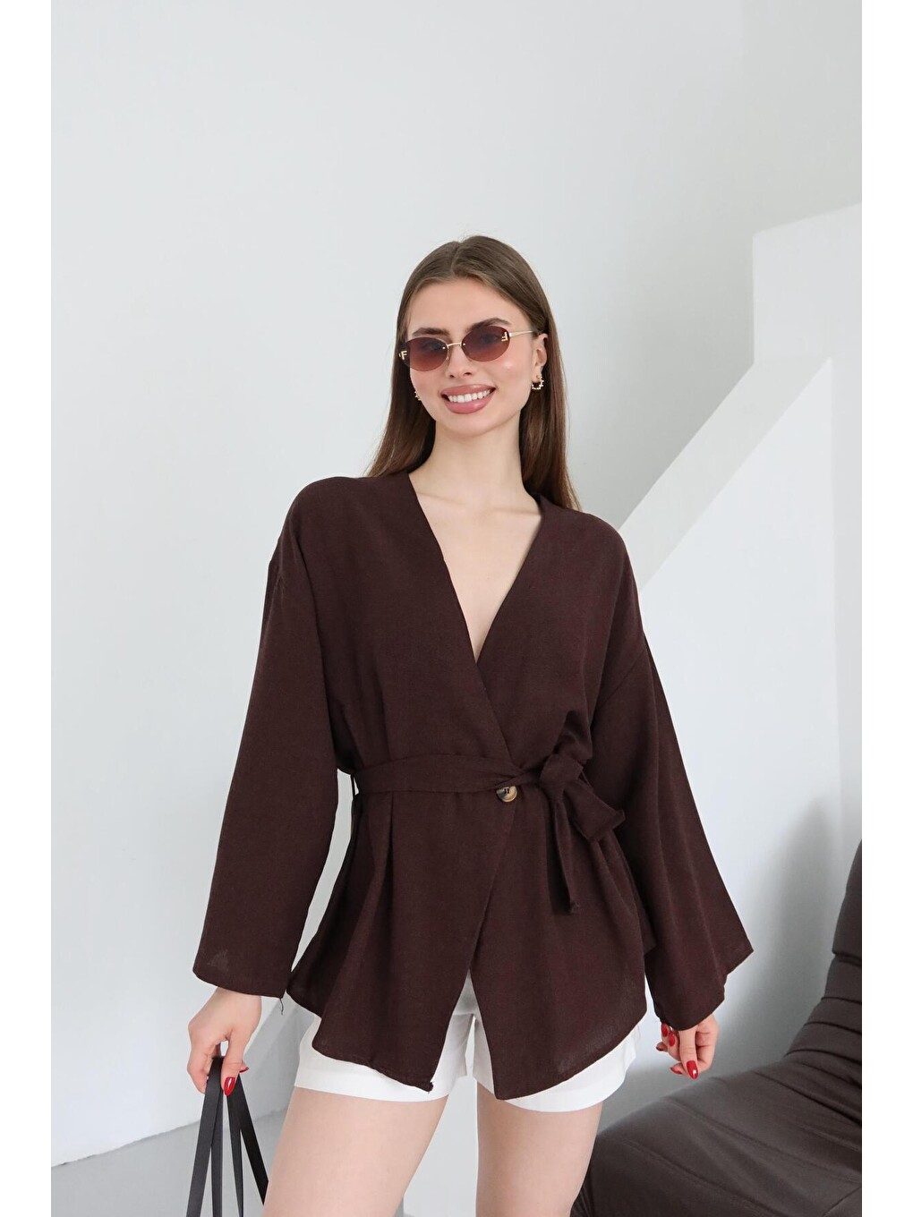 Kahverengi Düğme Detaylı Kemerli Kimono - 005-3