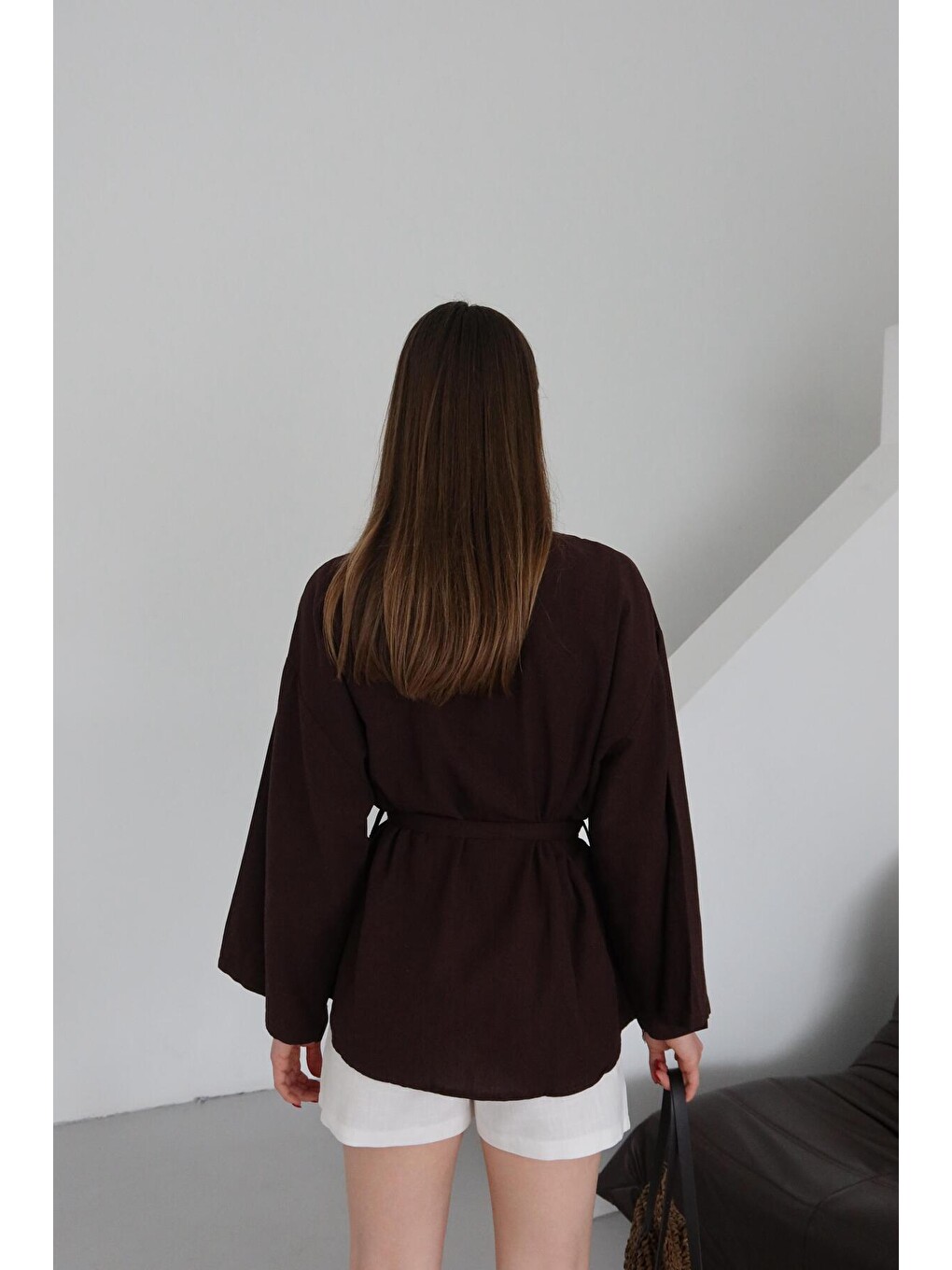 Kahverengi Düğme Detaylı Kemerli Kimono - 005-4