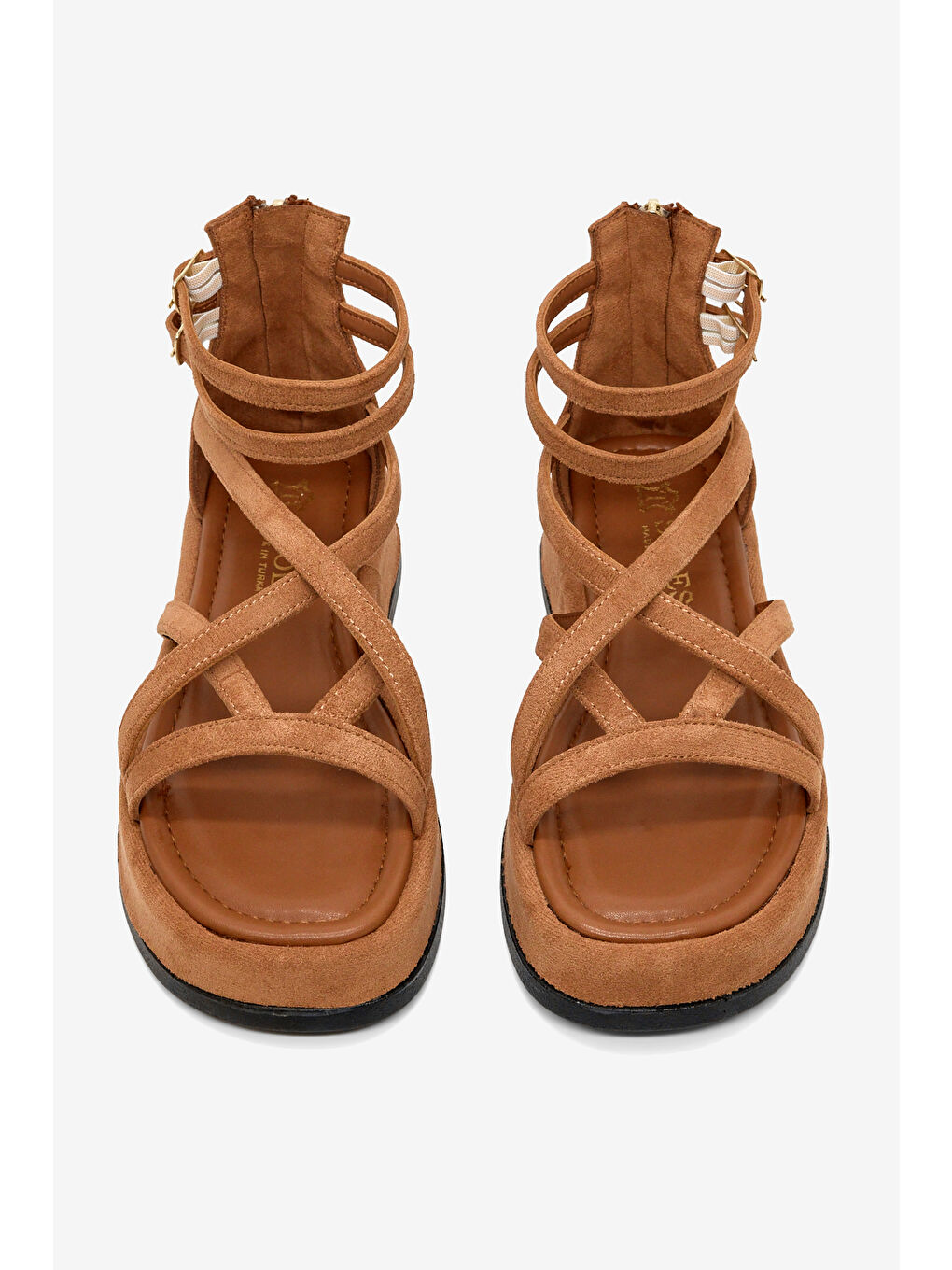 Kahverengi Kadın Taba Süet Rahat Kalıp Çapraz Bantlı Çift Kemerli Sandalet-1