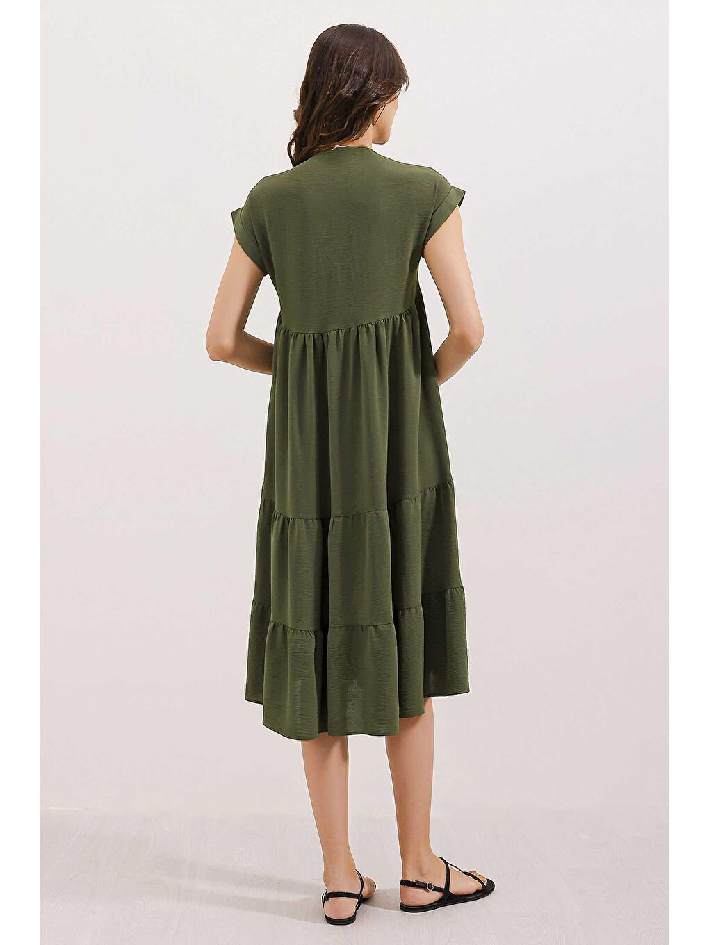 2398 V Yaka Volanlı Elbise - Haki-3