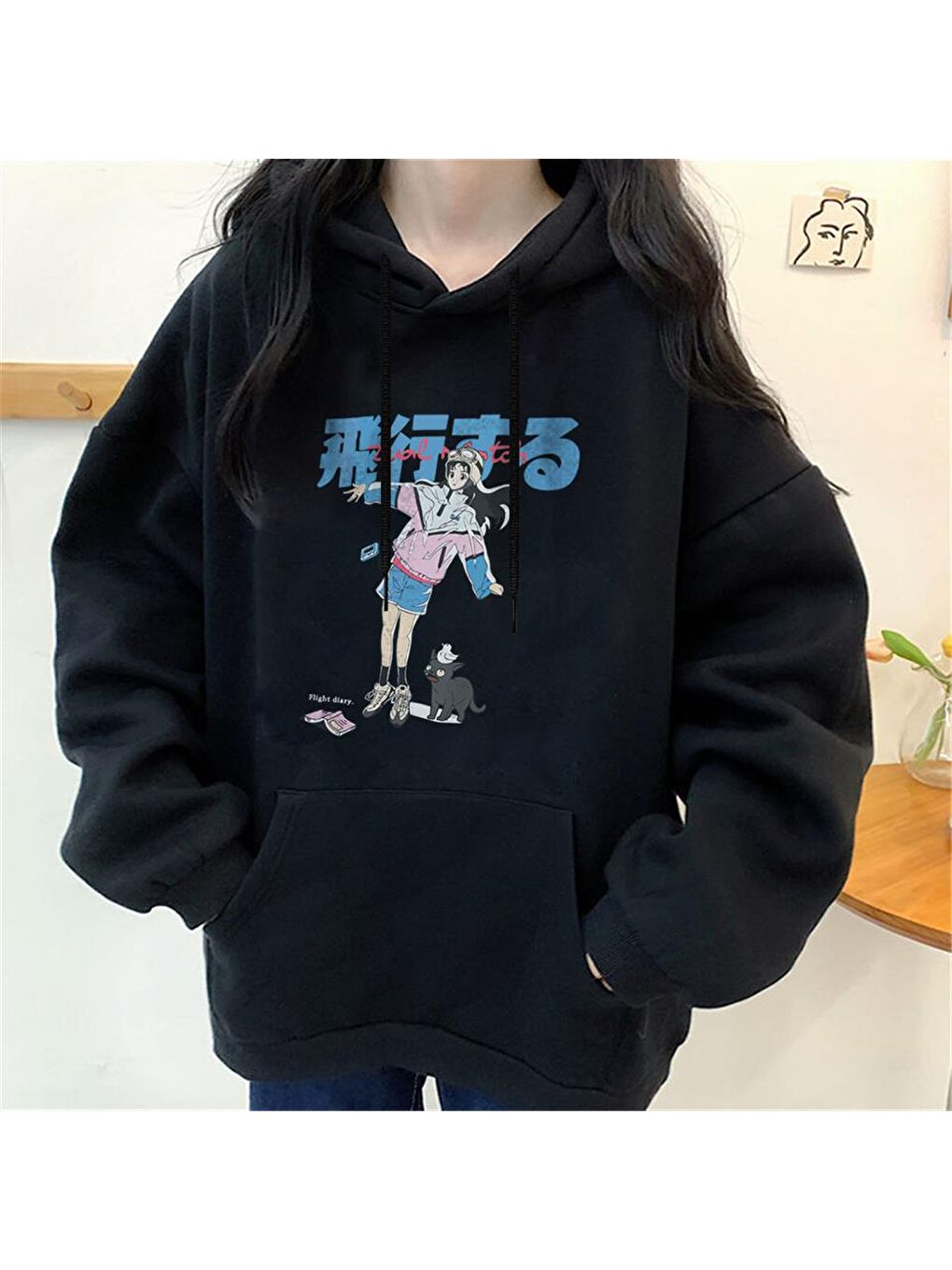 Touz Moda Siyah Anime Girl & Cat Baskılı Siyah Unisex Oversize Kapüşonlu Sweatshirt