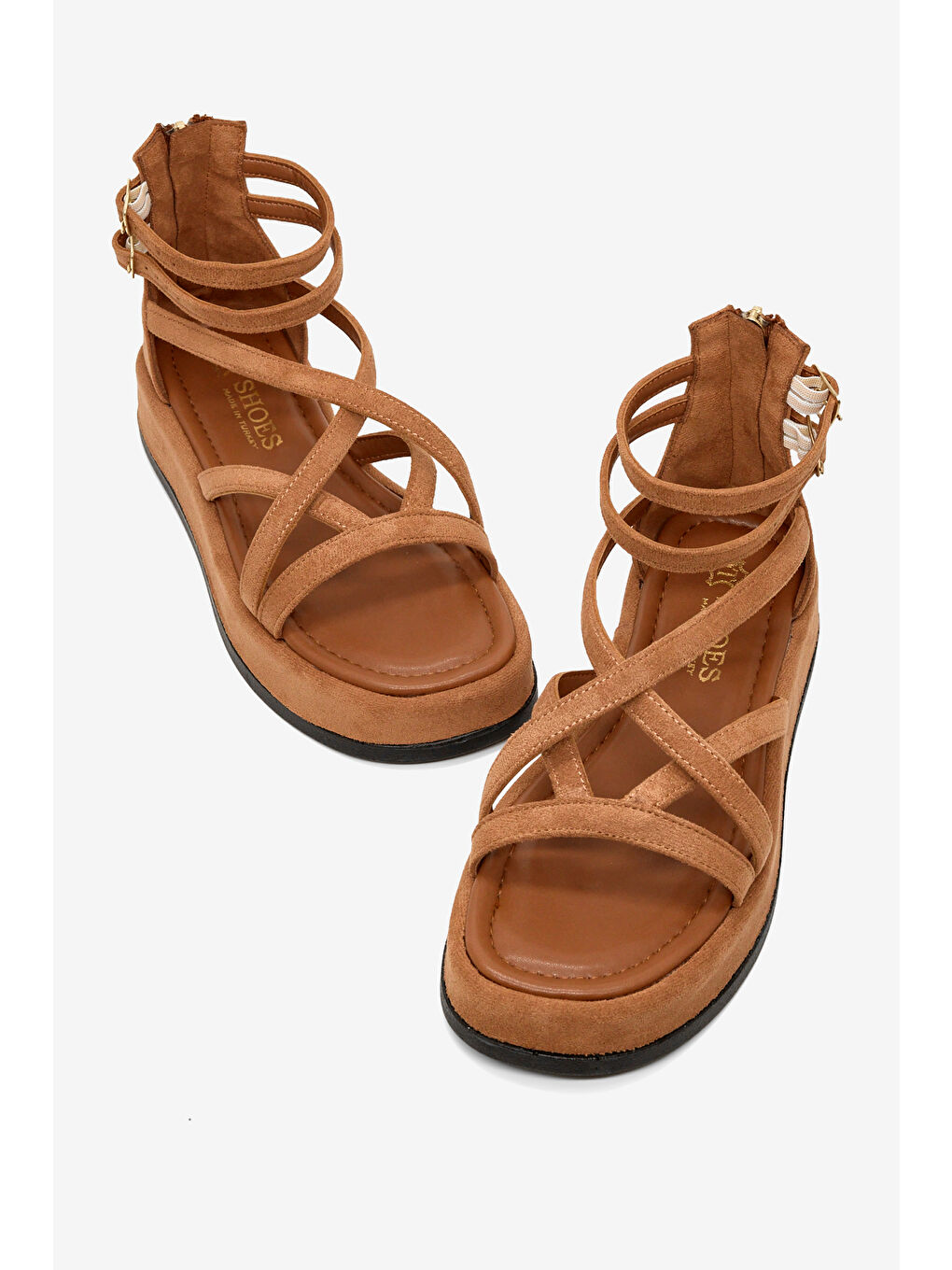 Kahverengi Kadın Taba Süet Rahat Kalıp Çapraz Bantlı Çift Kemerli Sandalet-2