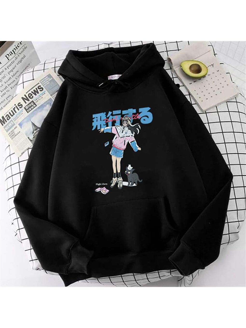 Touz Moda Siyah Anime Girl & Cat Baskılı Siyah Unisex Oversize Kapüşonlu Sweatshirt - 1